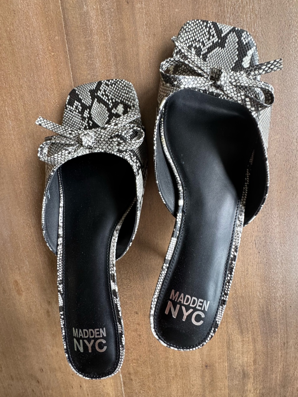 Madden NYC Snake-Print Bow Slide Sandals in Black, White & Grey